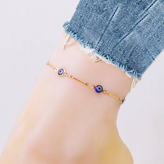 18K Gold Plated Bar Style Blue Evil Eye Crystal Anklet