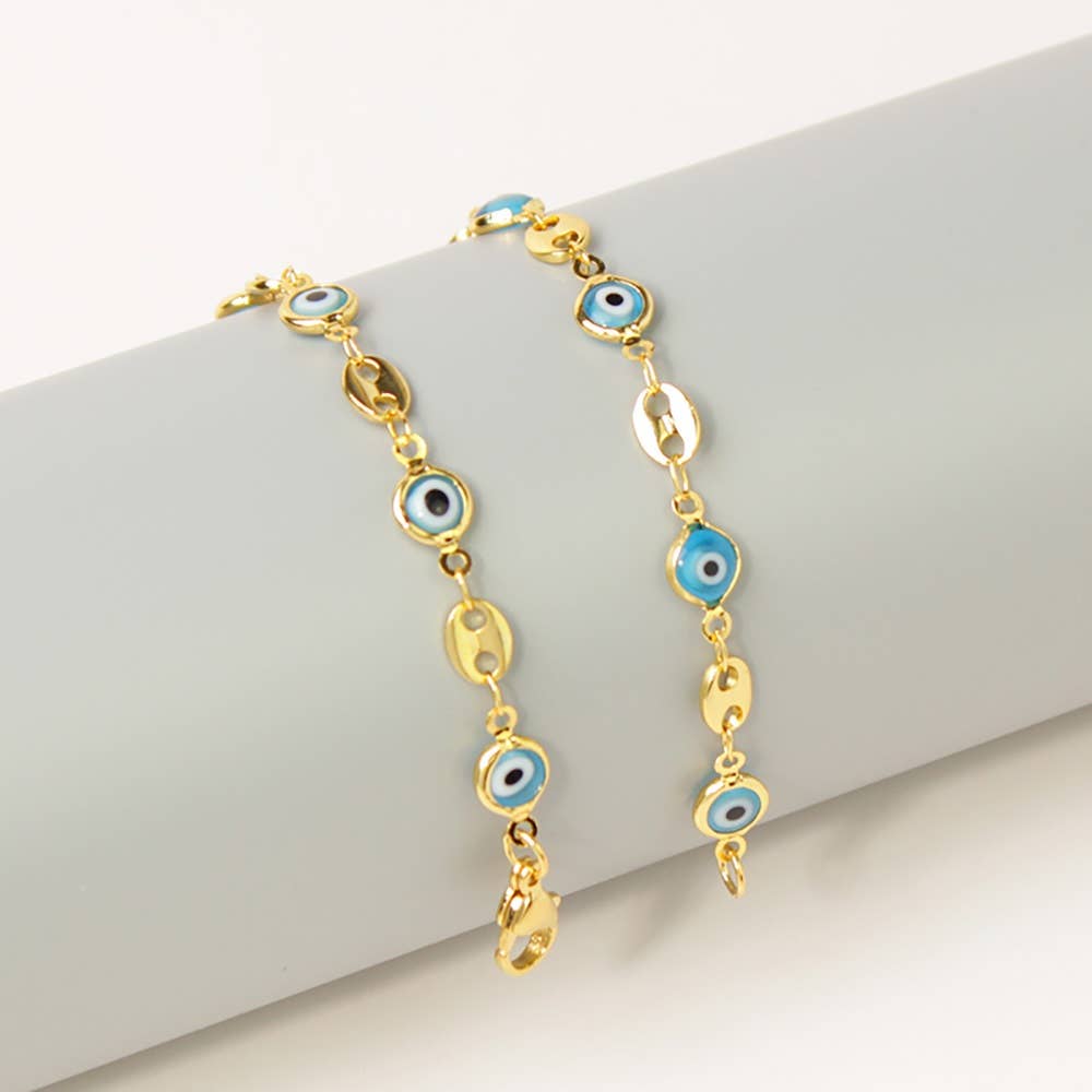 18K Gold Plated Mariner Light Blue Evil Eye Crystal Anklet