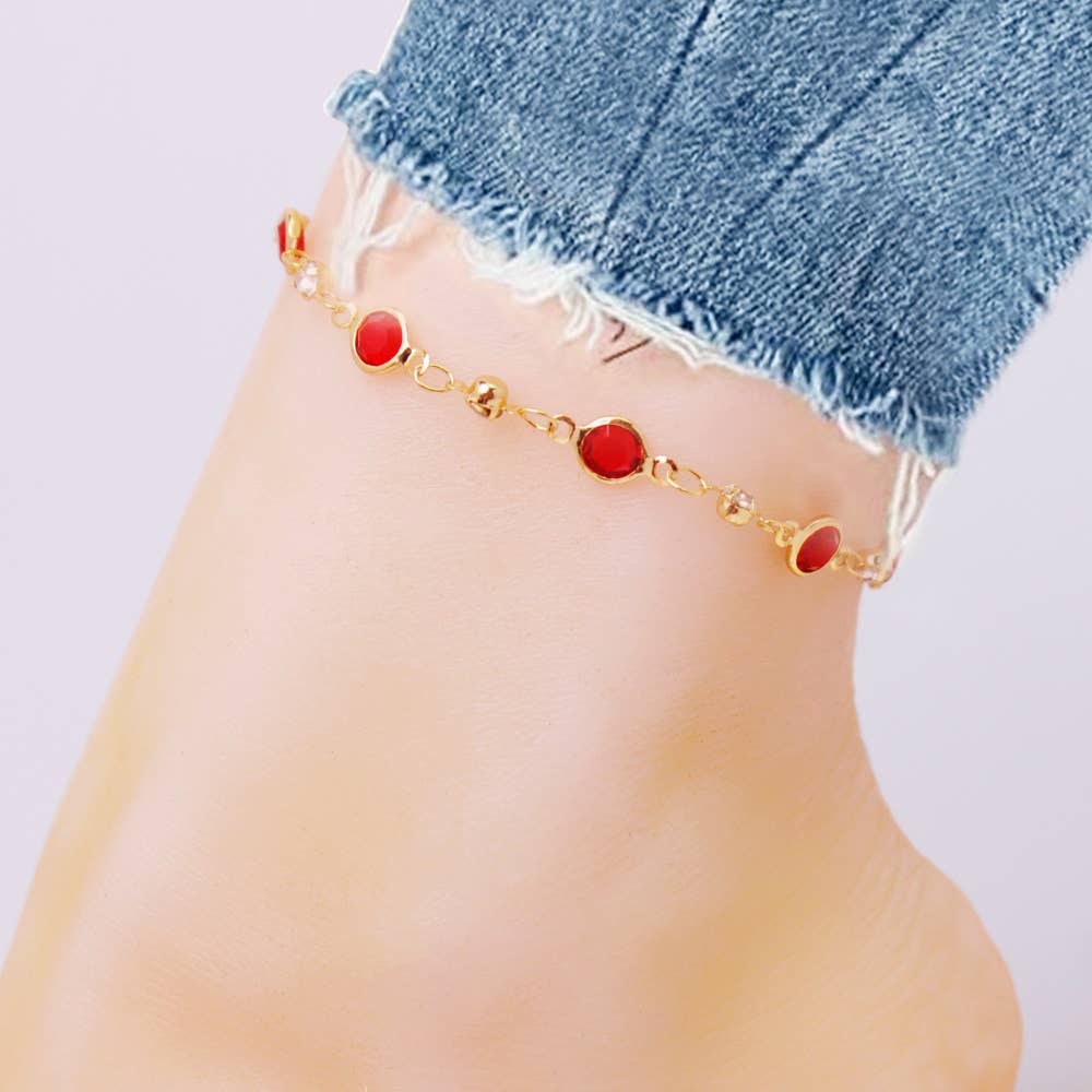 18K Gold Plated High Polish Finish Red Crystal Anklet