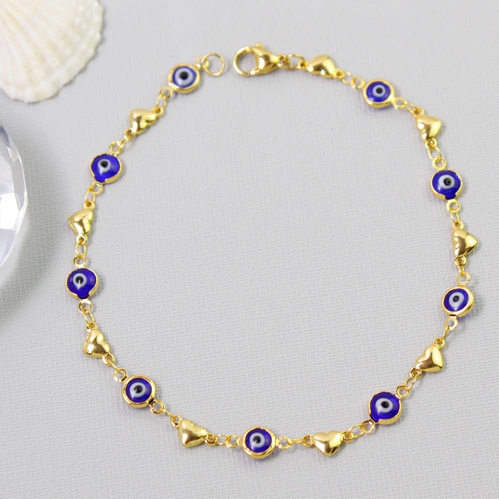 18K Gold Plated Heart Blue Evil Eye Anklet