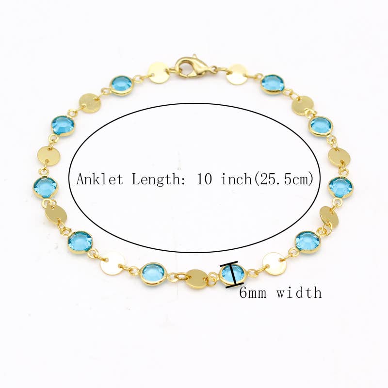 18K Gold Plated High Polish Finish Aquamarine Crystal Ankle