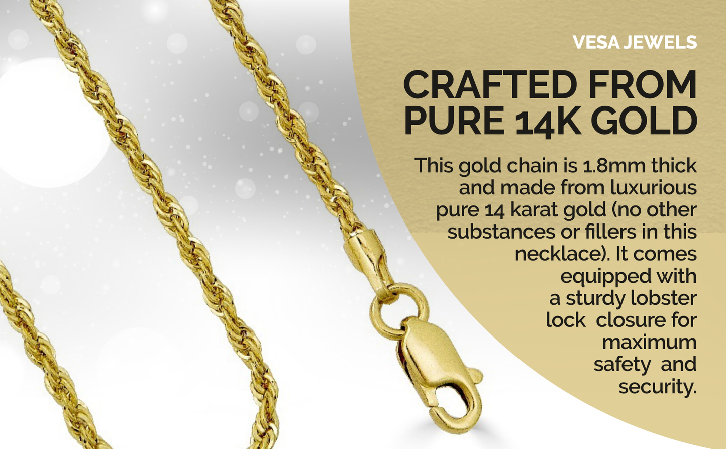 14K Yellow Gold Unisex Chain Necklace | 14 Karat 1.5MM Pure Gold Diamond Cut Rope Twisted Braided Necklace With Lobster Clasp For Men & Women | Available In 16'' To 30’'