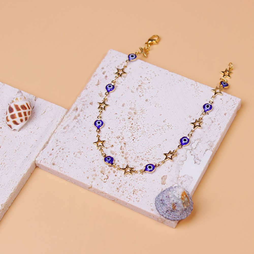 18K Gold Plated Star Blue Evil Eye Crystal Anklet