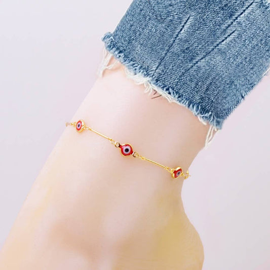 18K Gold Plated Bar Style Red Evil Eye Crystal Anklet