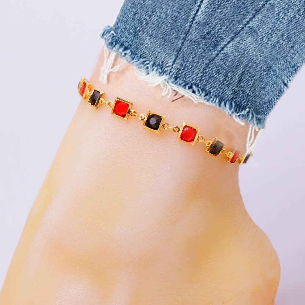 Red and Crystal Square Ankle Bracelet