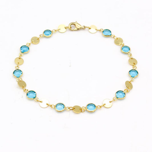 18K Gold Plated High Polish Finish Aquamarine Crystal Ankle