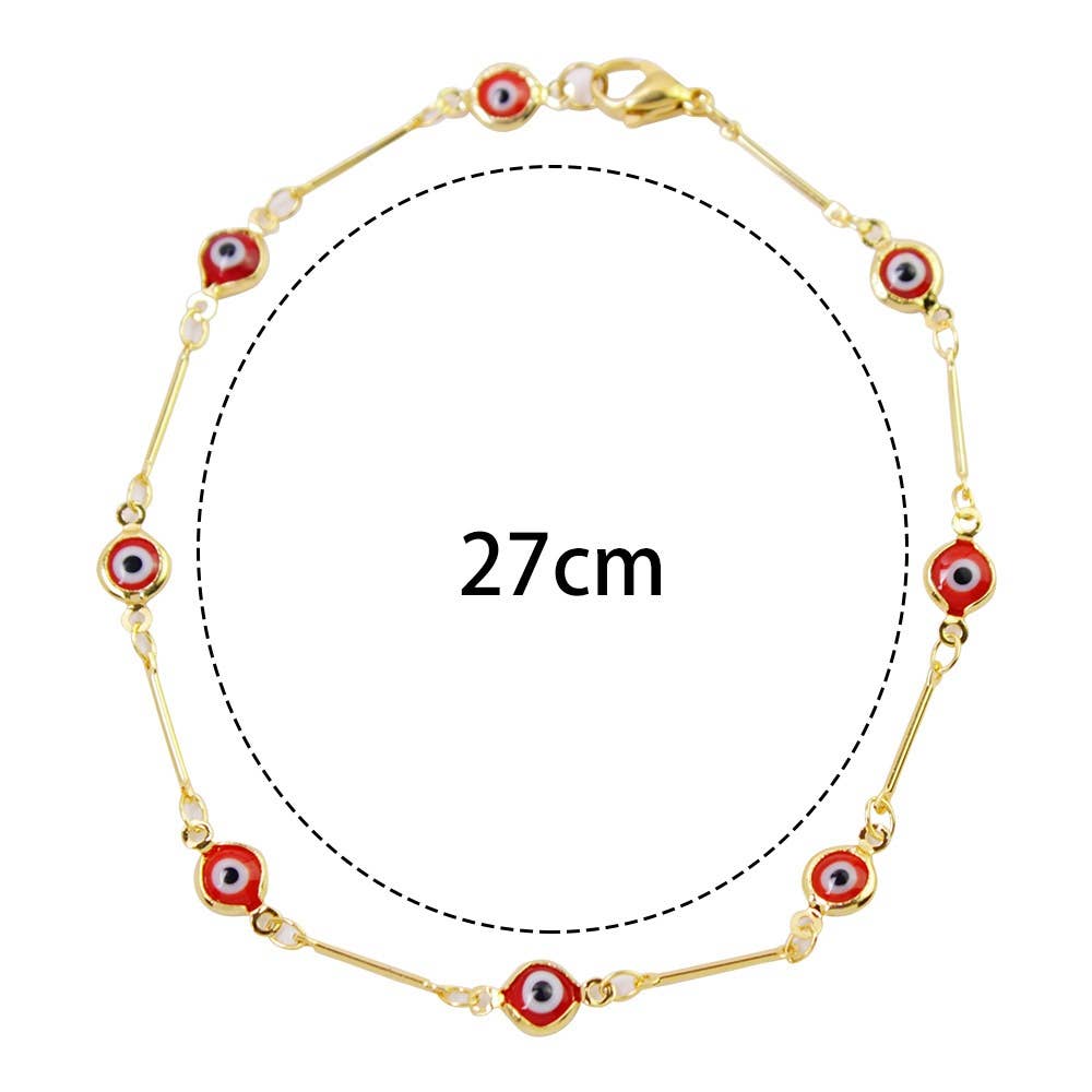 18K Gold Plated Bar Style Red Evil Eye Crystal Anklet