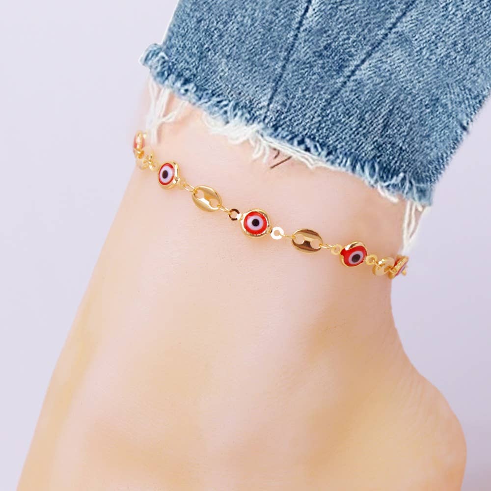 18K Gold Plated Mariner Red Evil Eye Crystal Anklet