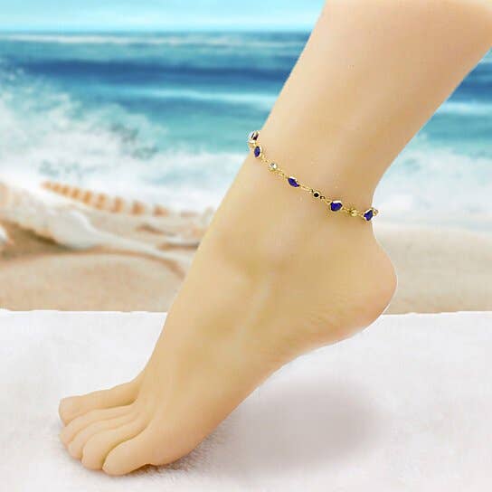 18K Gold Plated High Polish Finish Blue Crystal Anklet