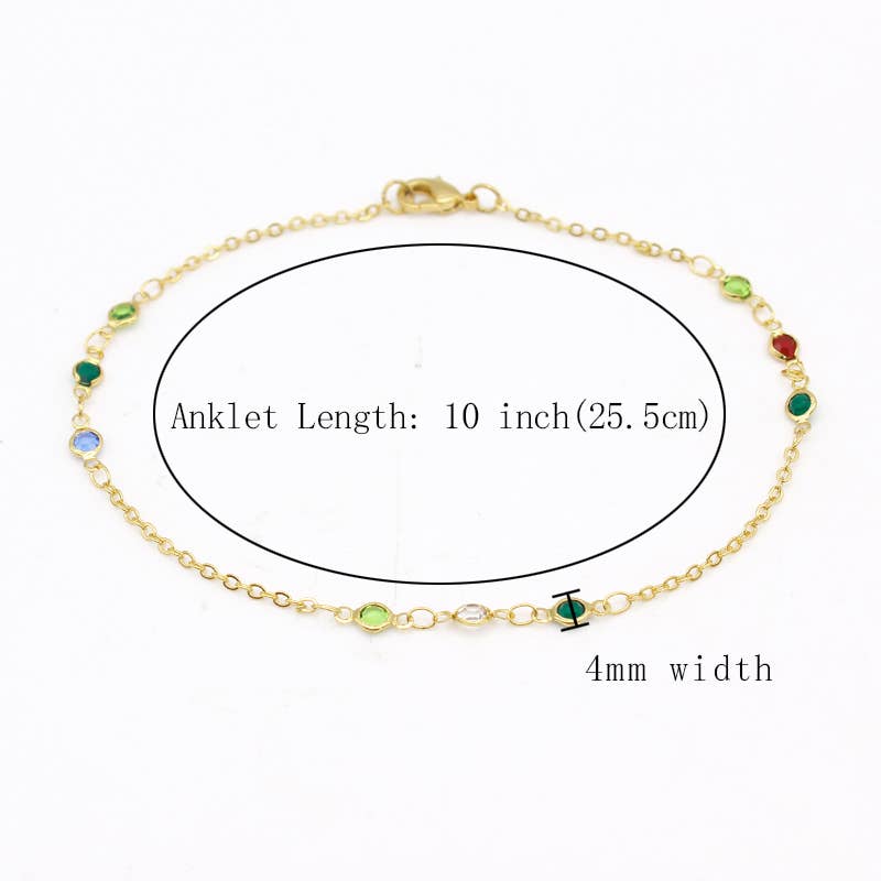 High Polish Finish Dainty Multi Color Crystal Ankle Bracelet