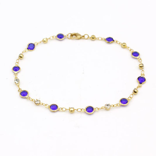 18K Gold Plated High Polish Finish Blue Crystal Anklet