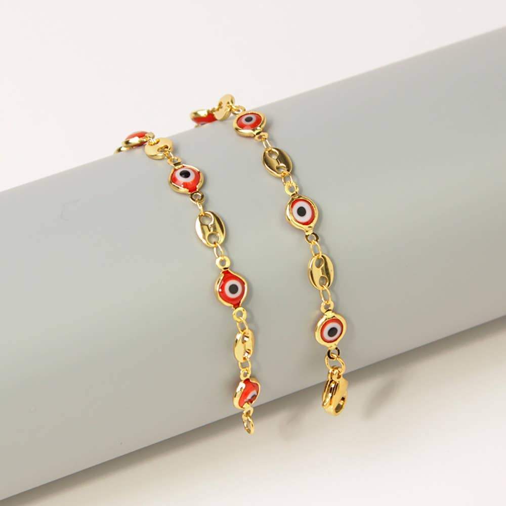 18K Gold Plated Mariner Red Evil Eye Crystal Anklet