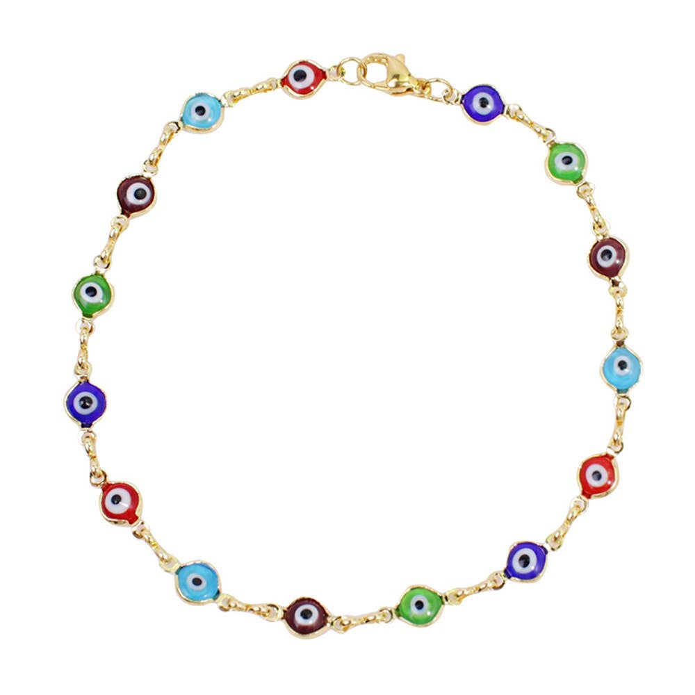 Multi Color Crystal - 18K Gold Plated Evil Eye Anklet