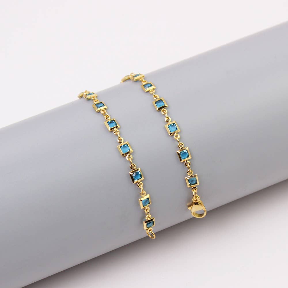 18K Gold Plated Light Blue Crystal Square Ankle Bracelet