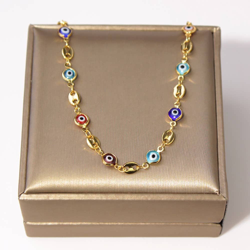 18K Gold Plated Mariner Multi Color Evil Eye Crystal Anklet