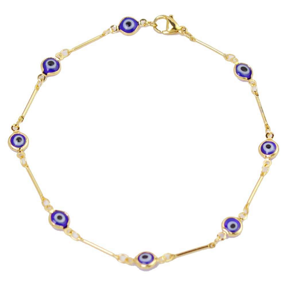 18K Gold Plated Bar Style Blue Evil Eye Crystal Anklet