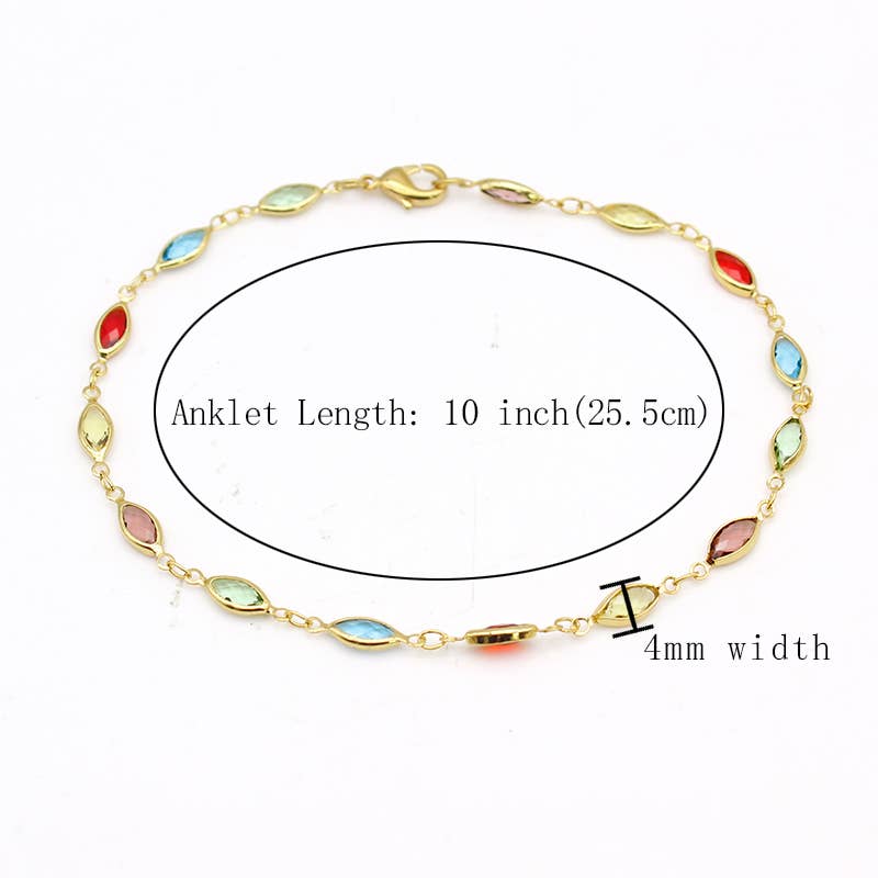 18K Gold Plated Gold And Multi Color Crystal Oval Anklet