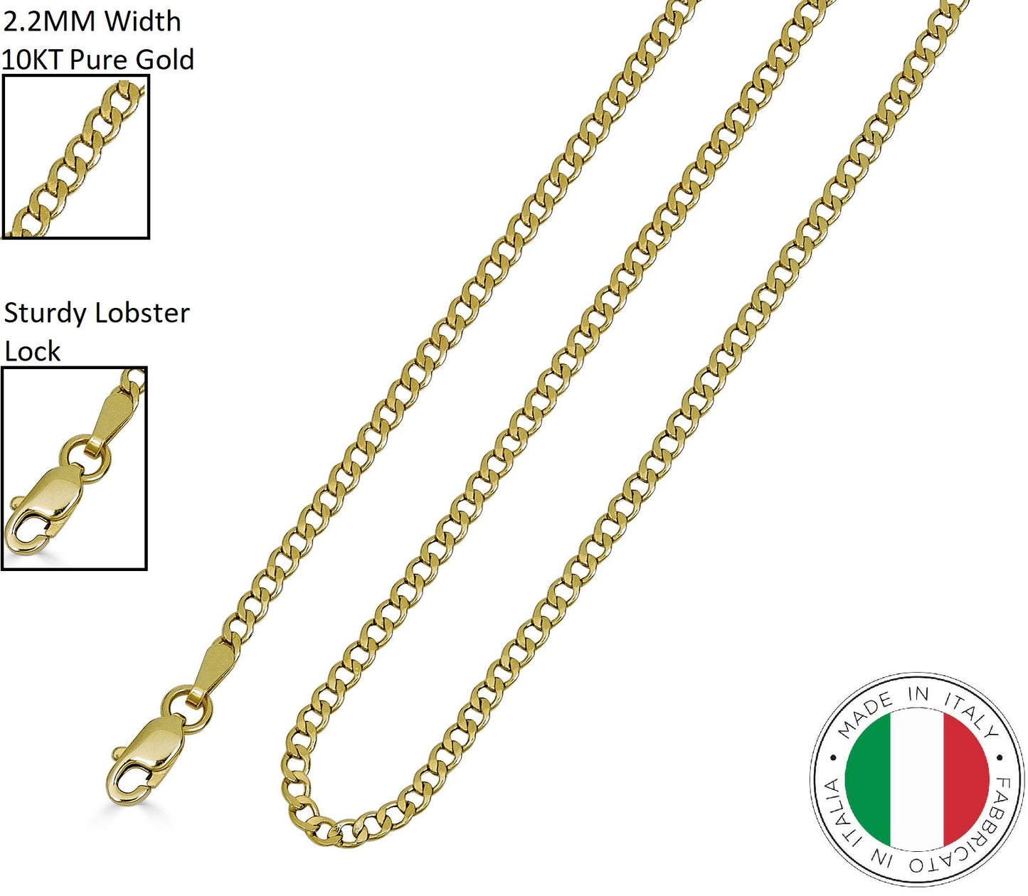 Dainty 10K Yellow Gold Italian Cuban Curb Chain Necklace 2.2MM Pure 10 Karat Gold Necklace, 16''-24’' Men Women Unisex 10k Cuban Curb Chain Necklace