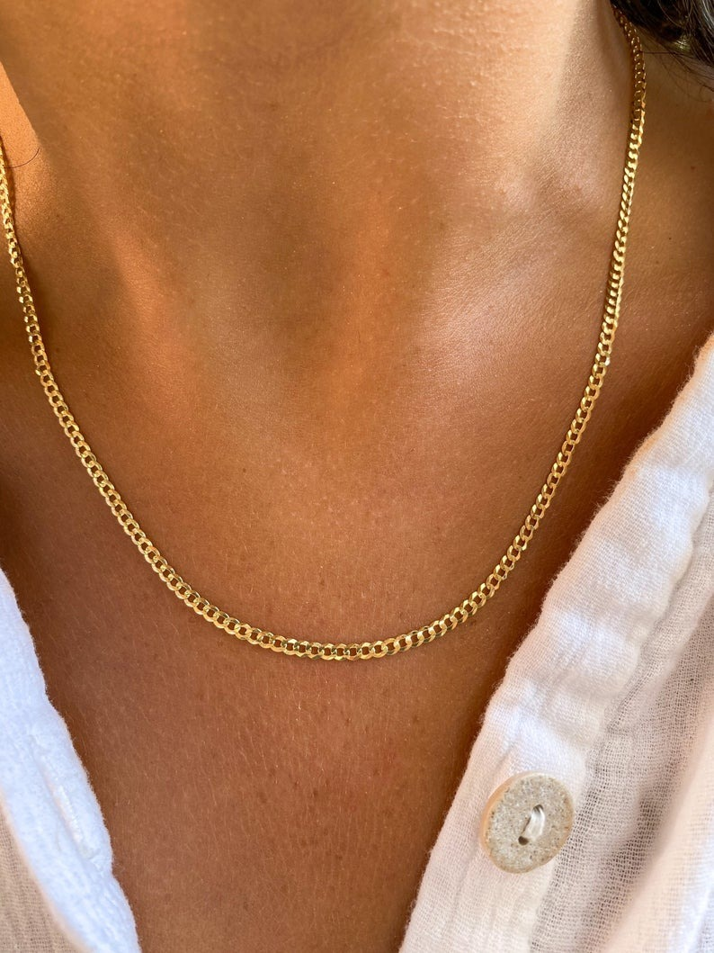 Dainty 10K Yellow Gold Italian Cuban Curb Chain Necklace 2.2MM Pure 10 Karat Gold Necklace, 16''-24’' Men Women Unisex 10k Cuban Curb Chain Necklace