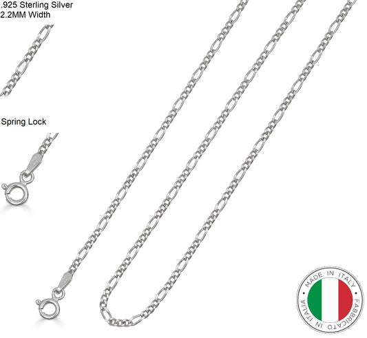 .925 Solid Sterling Silver Italian Figaro Link 2.2MM Chain Necklace, 16''-30’' Men Women Unisex Teens Silver Figaro Link Chain Necklace