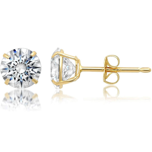 14K Yellow Gold Round Cut Crystal Studs Earrings