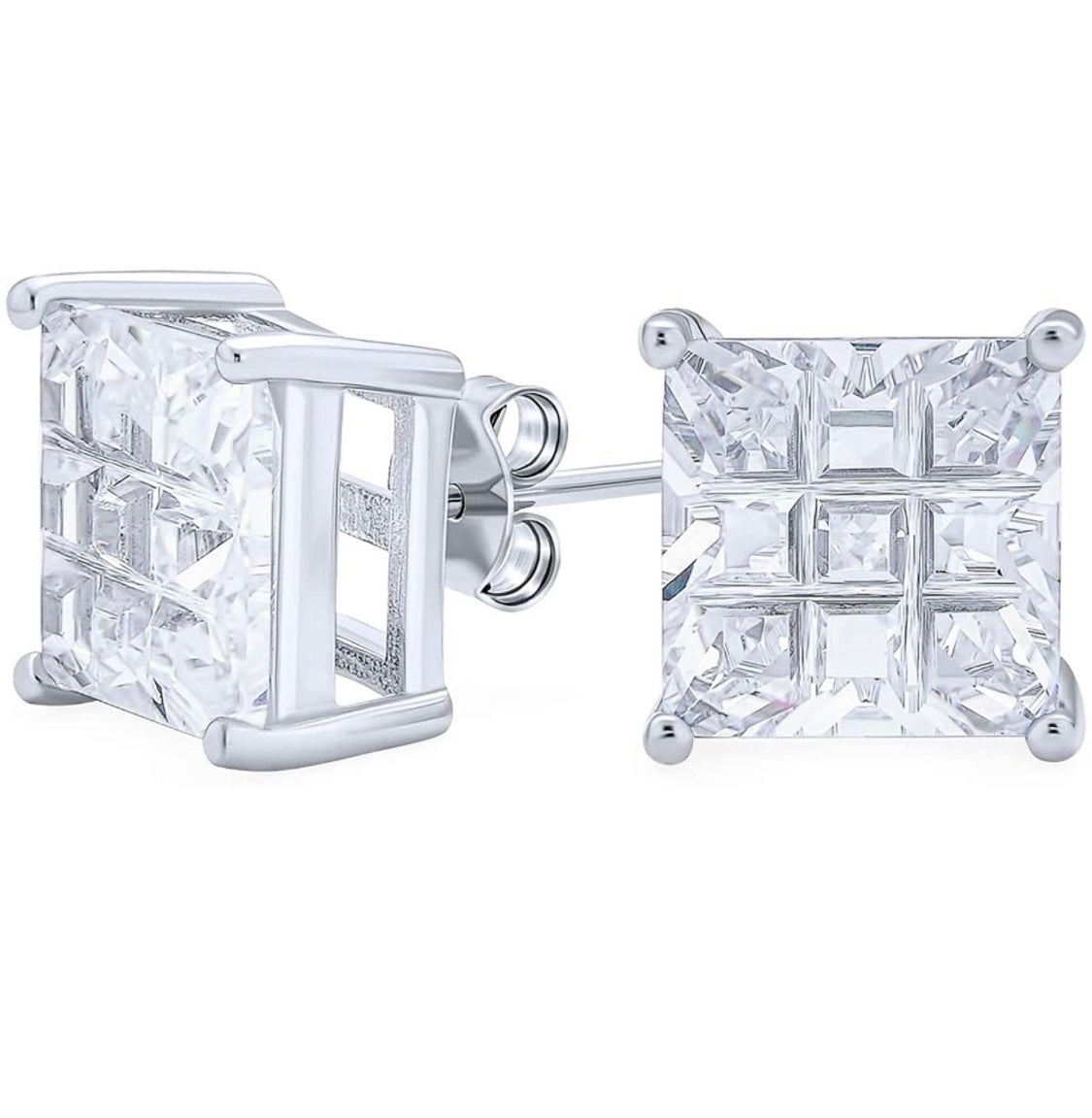 Sterling Silver Invisible Princess Cut Simulated Diamond Studs Earrings