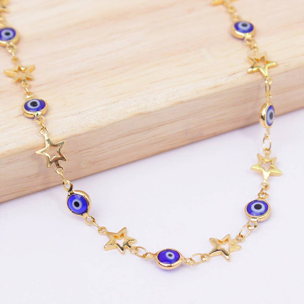 18K Gold Plated Star Blue Evil Eye Crystal Anklet