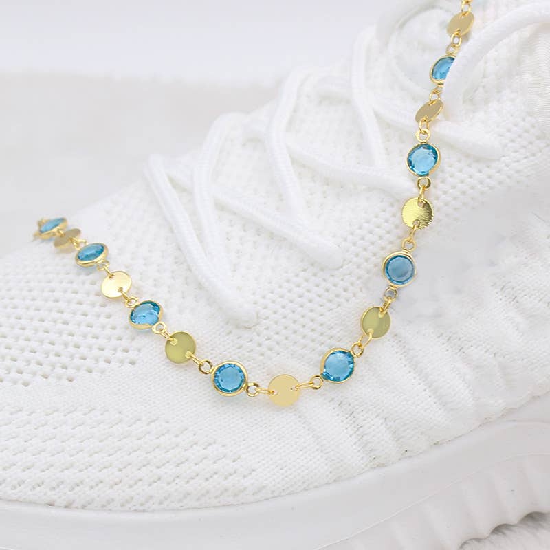 18K Gold Plated High Polish Finish Aquamarine Crystal Ankle