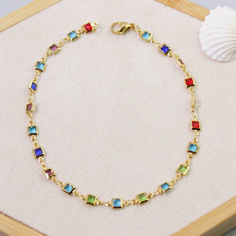 Light Multi Color Crystal Square Ankle Bracelet