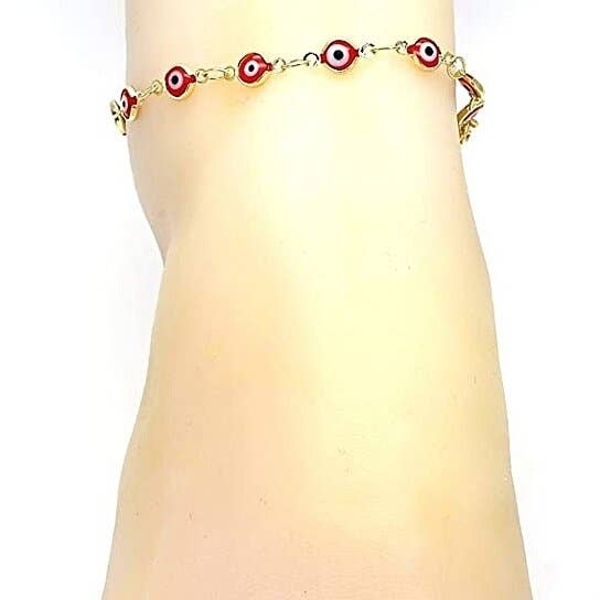 18K Women's Gold Plated Red Evil Eye Clasp Bracelet 7''