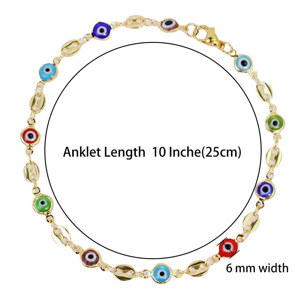 18K Gold Plated Mariner Multi Color Evil Eye Crystal Anklet