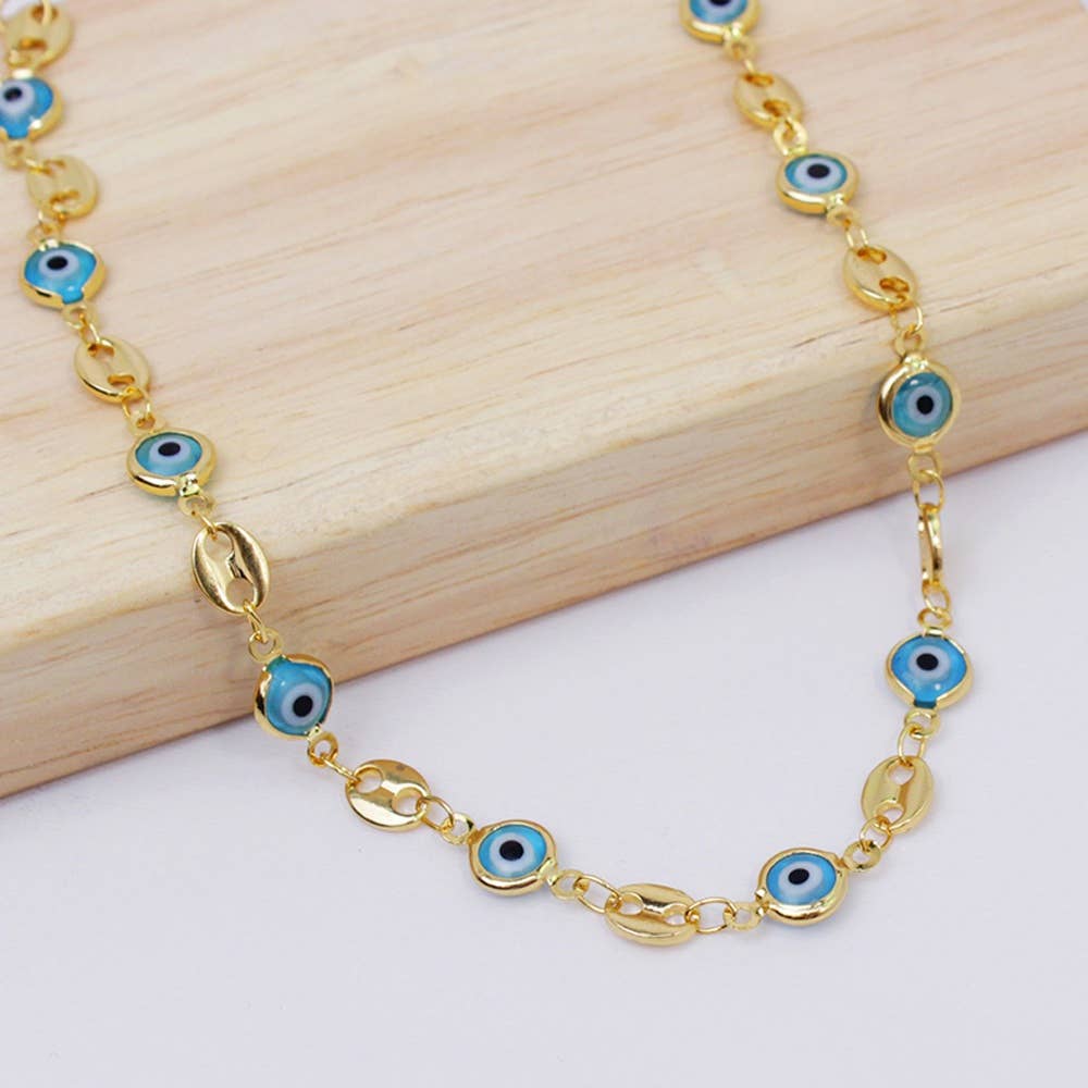 18K Gold Plated Mariner Light Blue Evil Eye Crystal Anklet