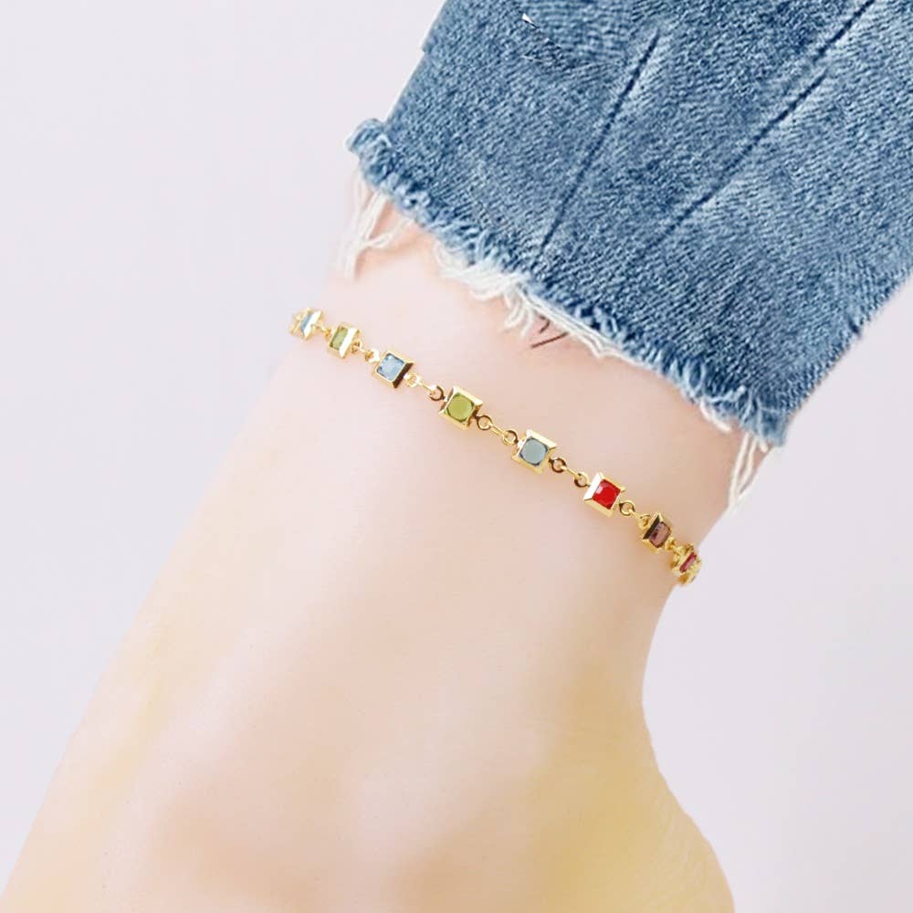 Light Multi Color Crystal Square Ankle Bracelet