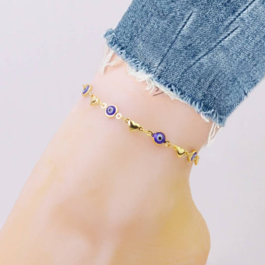 18K Gold Plated Heart Blue Evil Eye Anklet