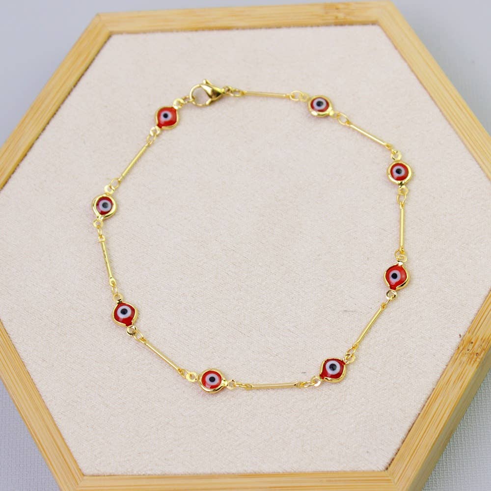 18K Gold Plated Bar Style Red Evil Eye Crystal Anklet