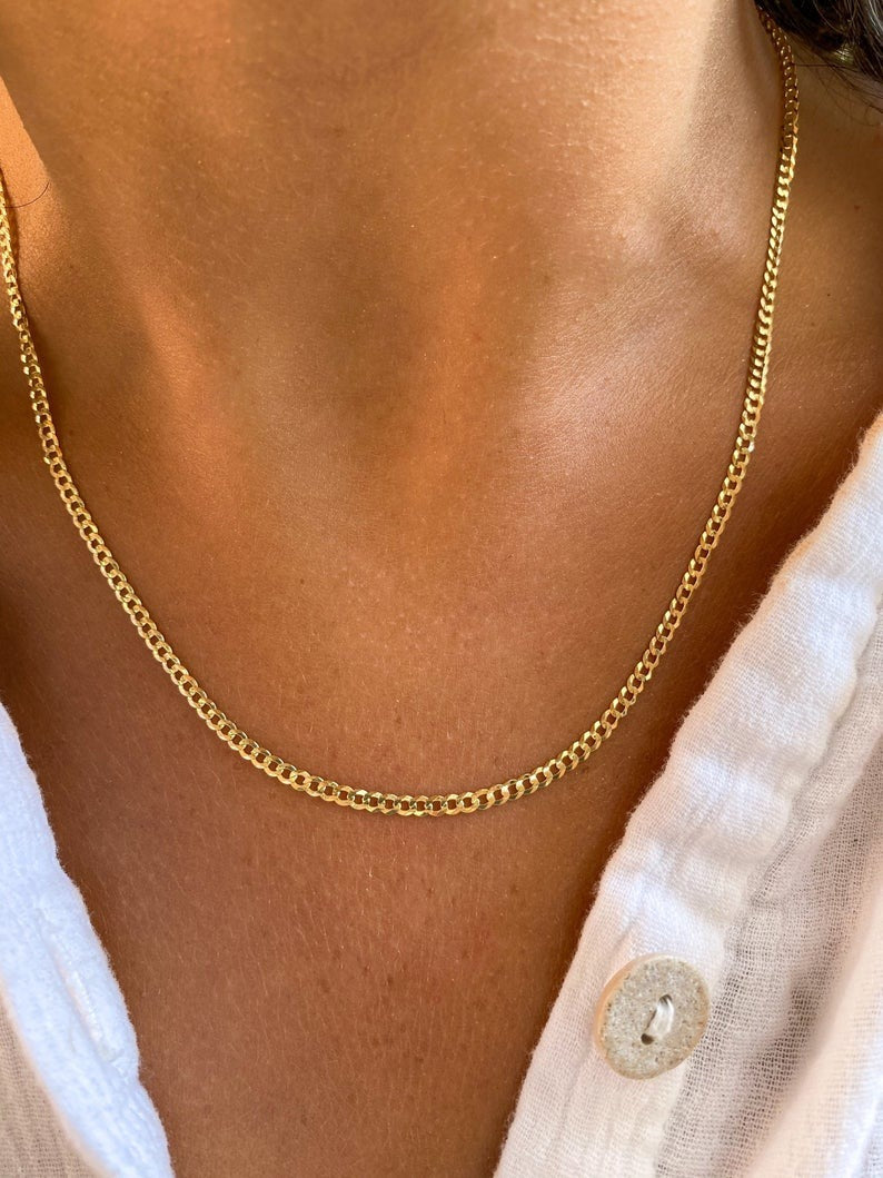 14K Dainty Thin Yellow Solid Gold Italian Cuban Curb Chain Necklace 2.2MM Pure 14 Karat Gold Necklace, 16''-30’' Men Women Unisex Teens 14k Cuban Curb Chain Necklace