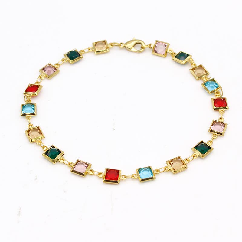 18K Gold Plated Gold And Multi Color Dark Square Crystal Ank