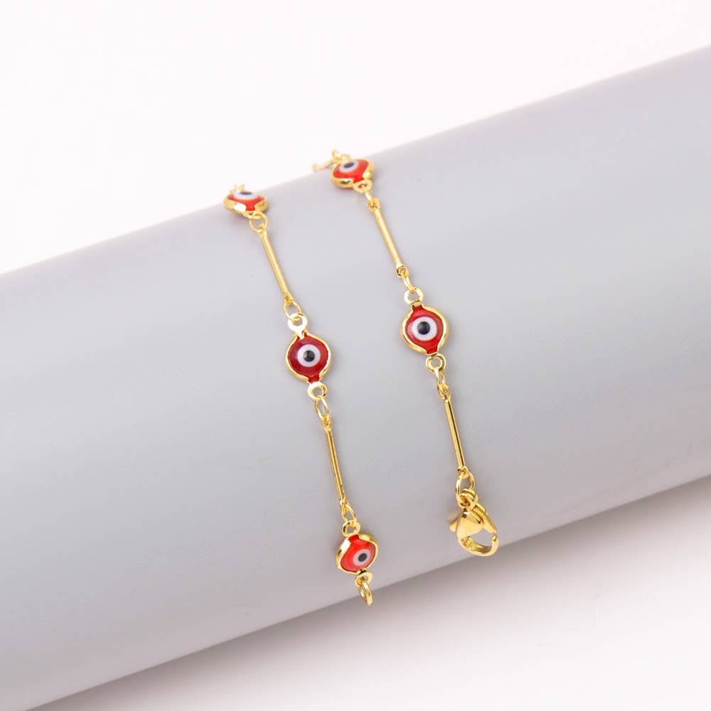 18K Gold Plated Bar Style Red Evil Eye Crystal Anklet