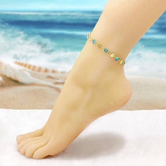 18K Gold Plated High Polish Finish Aquamarine Crystal Ankle