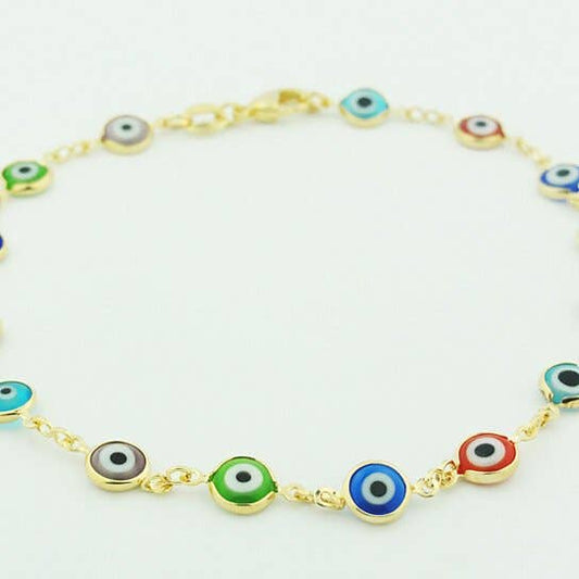 18k Gold Plated Multi Color Evil Eye Anklet 8''