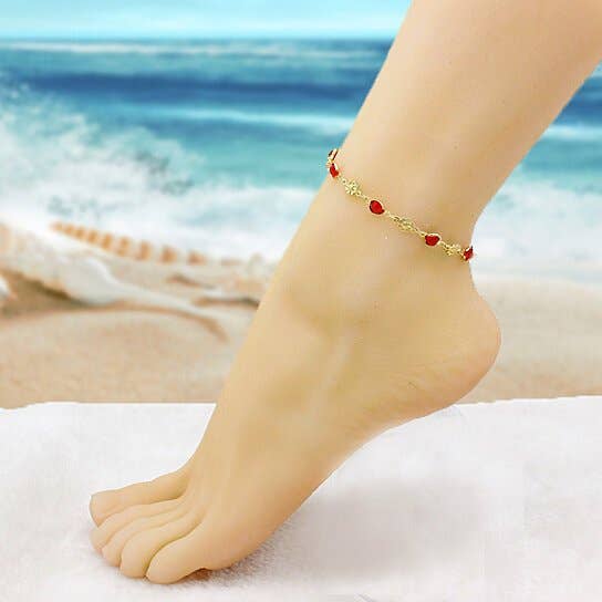 High Polish Finish Red Crystal Flower Ankle Bracelet