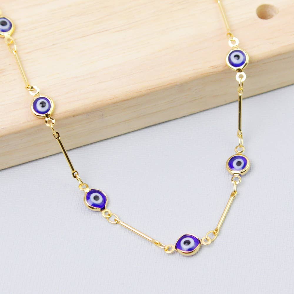 18K Gold Plated Bar Style Blue Evil Eye Crystal Anklet