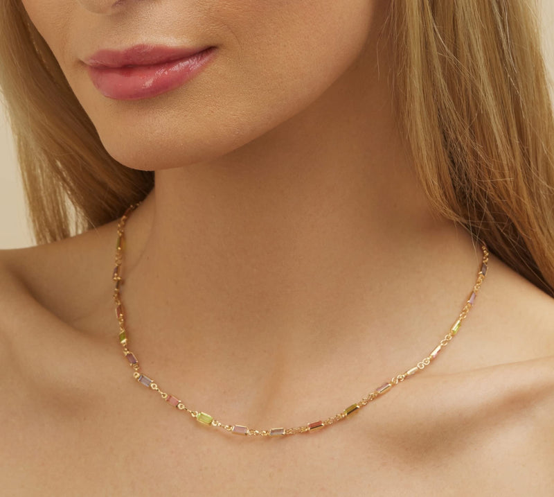 18K Gold Plated Multi Stone Crystal Baguette Necklace for Women - Made In Brazil