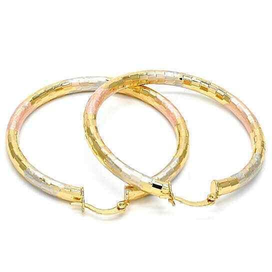 Tri-Tone Colored Leaf Engraved 60mm Large Hoop Earrings