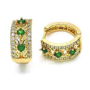 Gold Plate Emerald-Colored Hoop Earrings